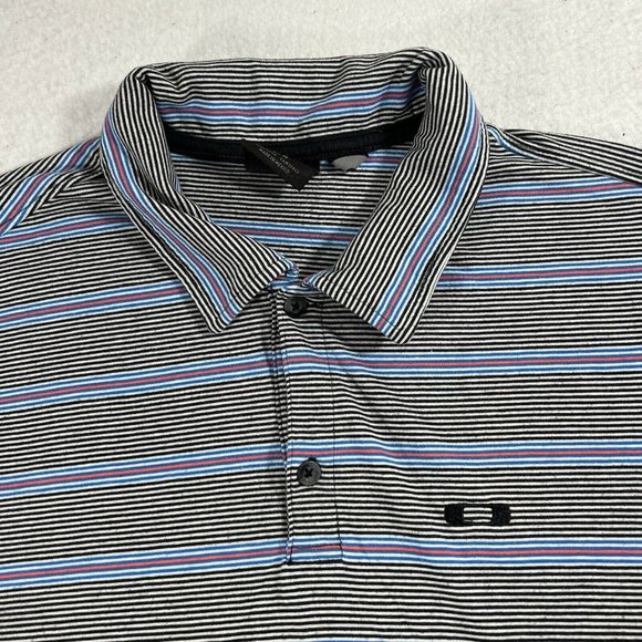 Oakley Sunglasses Men's Large Black White Blue Red Striped Short Sleeve Polo - Picture 2 of 12